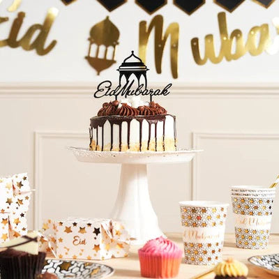 Glossy Black Eid Mubarak Calligraphy & Lantern Cake Topper