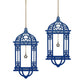Set of 2 Blue Wooden Ramadan / Eid Long Lantern Hanging Decorations