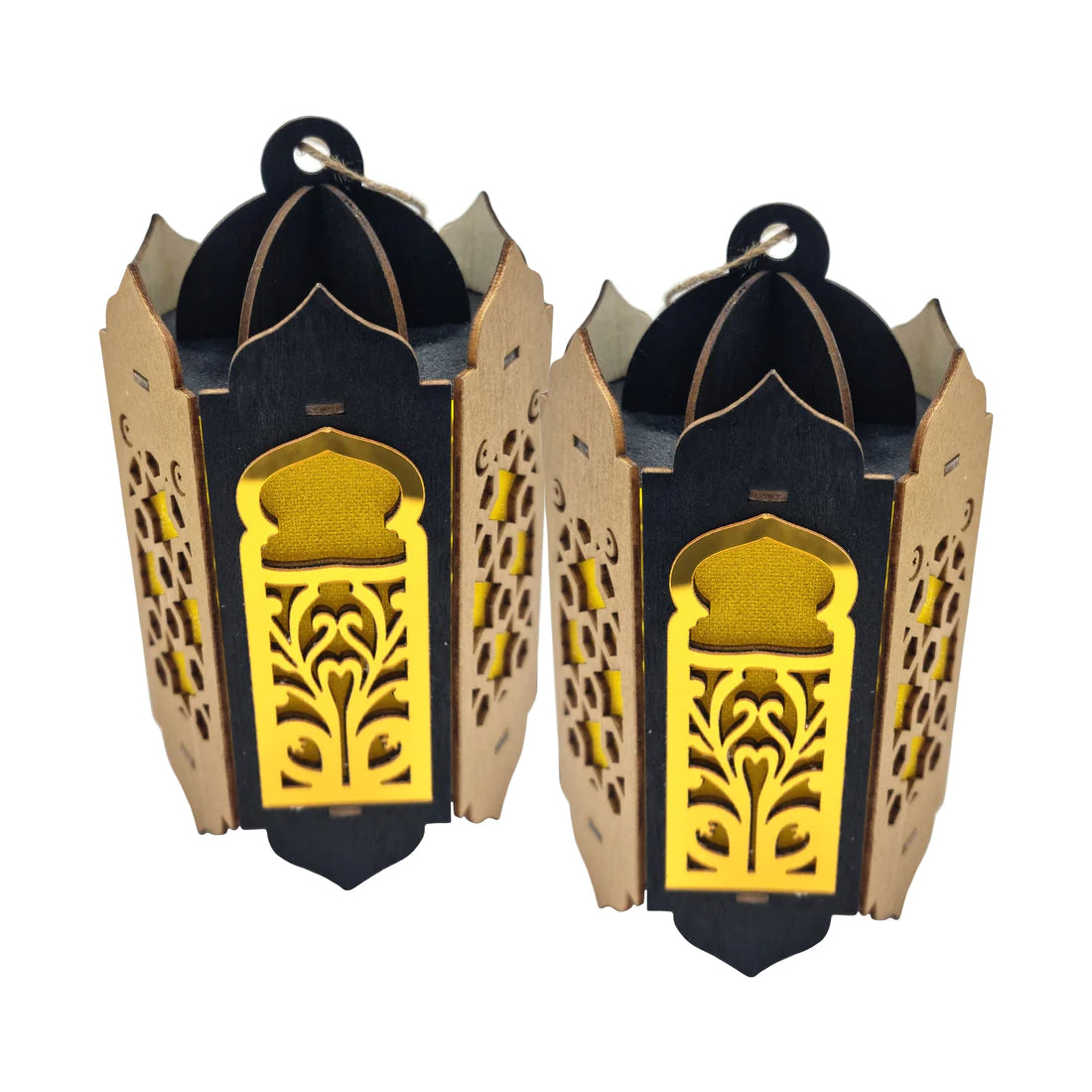 Pack of 2 Wooden Shabby Chic Table / Hanging Lantern Decoration - Black / Gold Floral Cut Out